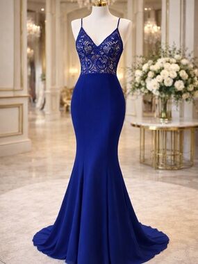 Elegant Royal Blue Lace Bodice Mermaid Dress Madison James